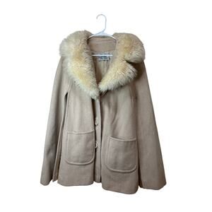 Vintage Wool Cape Fur Collar Tan Cream Country Pacer Union Made One Sz Some Dirt